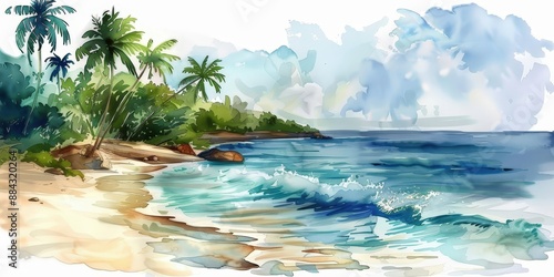 Watercolor Painting of a Tropical Beach with Palm Trees