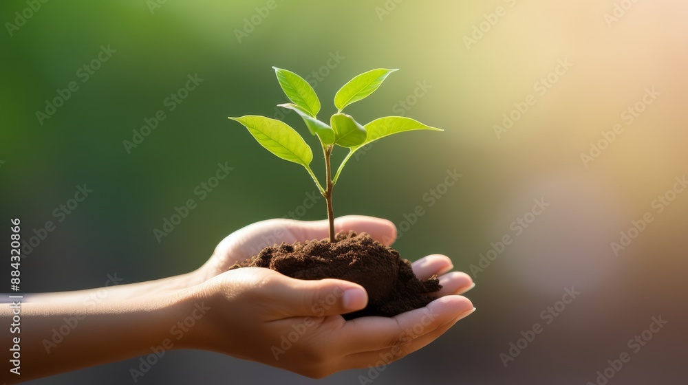 Woman's hand holding a young plant sapling with bokeh green background Woman's hand holding a young plant sapling with bokeh green background