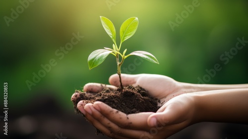 Woman's hand cradling a tiny plant sapling, blurred green background