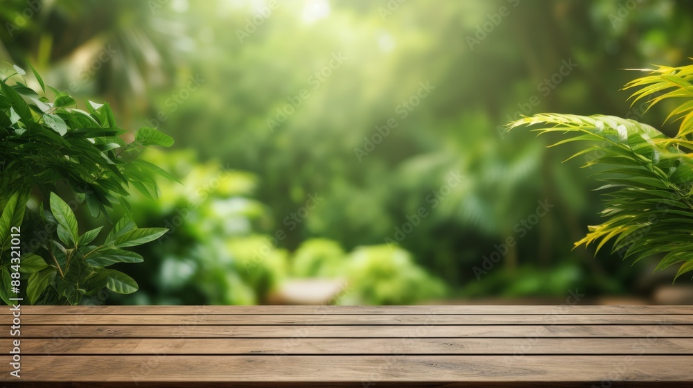 Wooden table with vibrant green nature garden blurred in the background, ample copy space Wooden table with vibrant green nature garden blurred in the background, ample copy space
