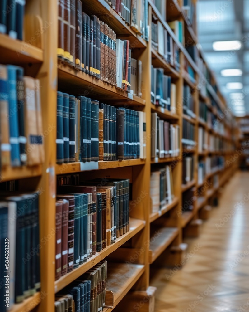 Rows of library books, bright and well-lit, wooden shelves, side view, organized and academic feel Rows of library books, bright and well-lit, wooden shelves, side view, organized and academic feel