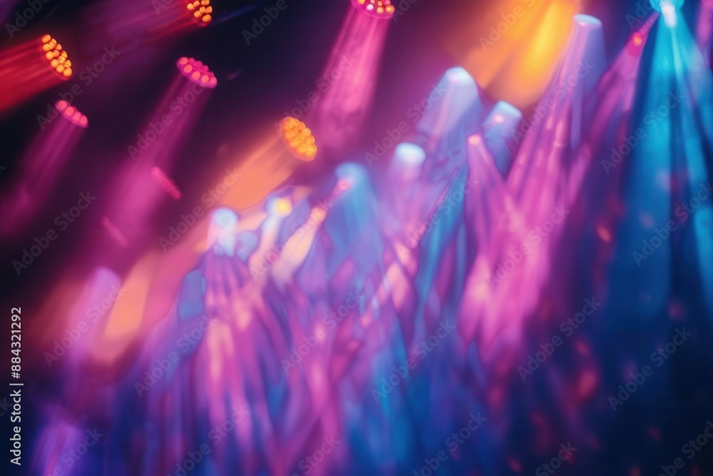 Abstract concert lighting, blurred effects, colorful beams, party vibe on stage, side view, lively ambiance