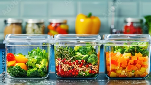 The image features three transparent containers filled with an assortment of fresh, colorful vegetables, emphasizing healthiness, vibrant nutrition, and visually appealing meal prepping. photo