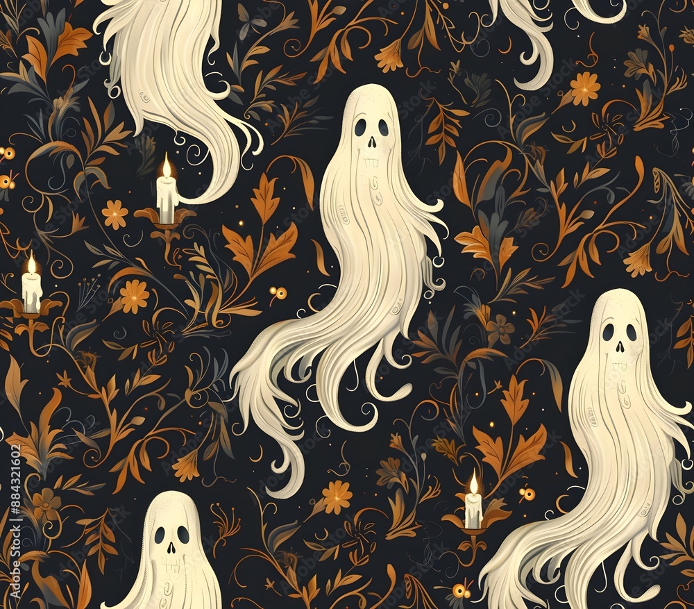 Ethereal Halloween Ghosts with Intricate Art Nouveau Floral Motifs and Billowing Diaphanous Drapery Ethereal Halloween Ghosts with Intricate Art Nouveau Floral Motifs and Billowing Diaphanous Drapery