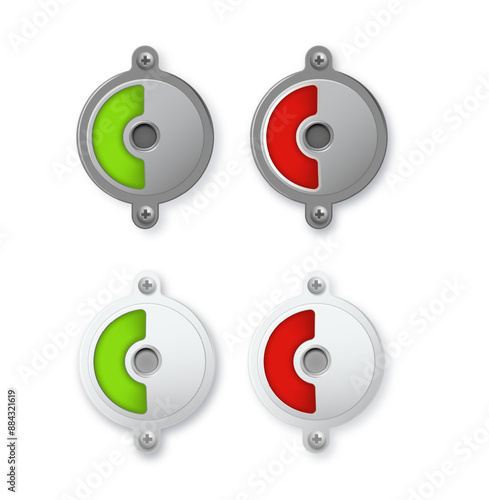 Toilet or restroom locks green and red round metal isolated on white. Occupied and Free. Regular public restroom door mechanism indicating. Vector