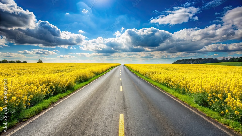 Empty asphalt road surrounded by a vibrant field of yellow flowers during summer , floral, field, yellow, asphalt road Empty asphalt road surrounded by a vibrant field of yellow flowers during summer , floral, field, yellow, asphalt road