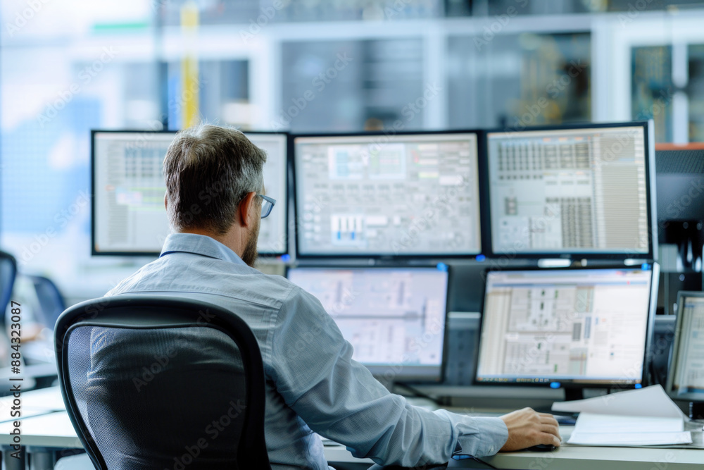 Engineer working on multiple monitors controlling scada application Engineer working on multiple monitors controlling scada application
