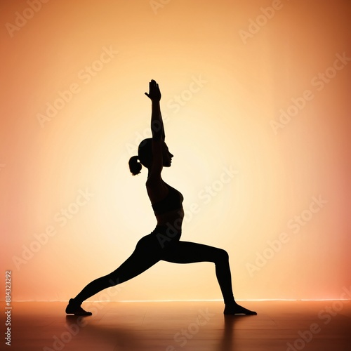 A silhouette of a person in a yoga pose against a soft gradient background. Use contrasting colors for the silhouette and background to create a sense of balance and calm.