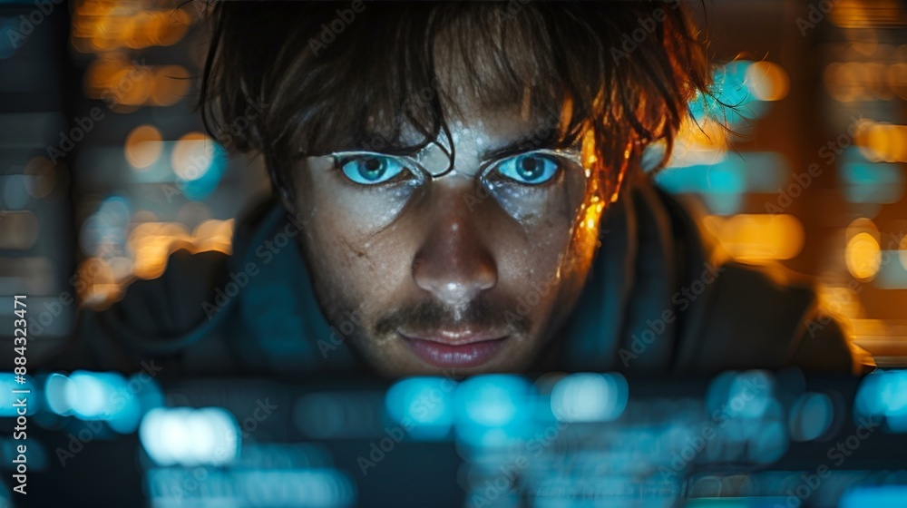 A man with blue eyes focused on a computer screen. A man with blue eyes focused on a computer screen.