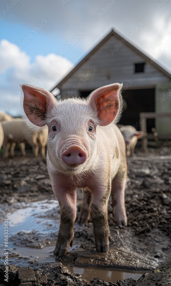 A cute piglet standing in a muddy farmyard, capturing the essence of rural life and farm animals, perfect for themes of agriculture, nature, and childhood. A cute piglet standing in a muddy farmyard, capturing the essence of rural life and farm animals, perfect for themes of agriculture, nature, and childhood.
