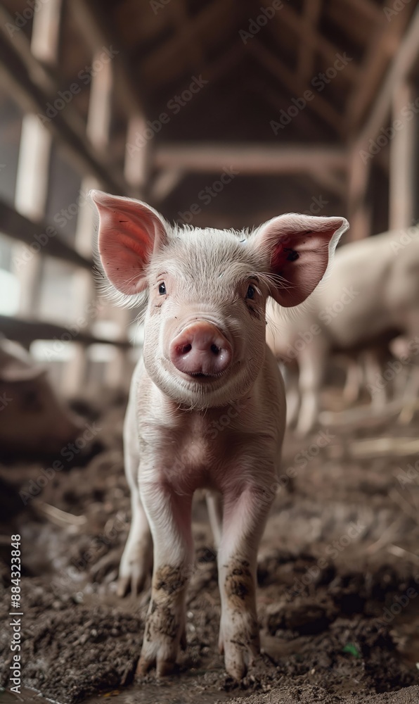 A cute piglet standing in a muddy farmyard, capturing the essence of rural life and farm animals, perfect for themes of agriculture, nature, and childhood. A cute piglet standing in a muddy farmyard, capturing the essence of rural life and farm animals, perfect for themes of agriculture, nature, and childhood.