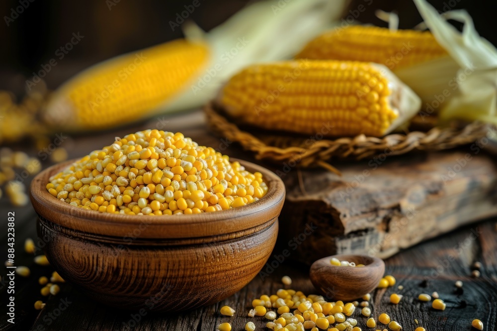 Rustic composition of fresh corn cobs next to a bowl of dried corn kernels Rustic composition of fresh corn cobs next to a bowl of dried corn kernels