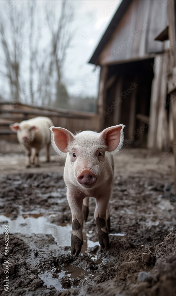 A cute piglet standing in a muddy farmyard, capturing the essence of rural life and farm animals, perfect for themes of agriculture, nature, and childhood. A cute piglet standing in a muddy farmyard, capturing the essence of rural life and farm animals, perfect for themes of agriculture, nature, and childhood.