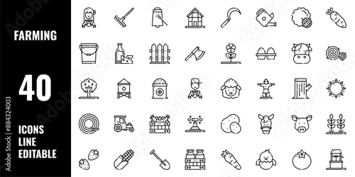 40 Farming Icons Set Line Editable Vector Illustration