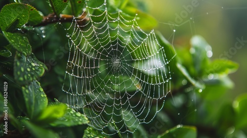 A pristine spider web in lush green foliage, decorated with sparkling dewdrops, showcasing the meticulous and artistic creation found in nature and the essence of early mornings.