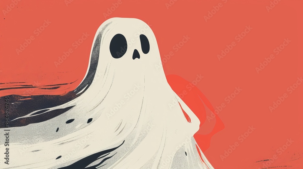 Obraz premium A whimsical, cartoon ghost with a surprised expression floats against a bold orange background, bringing a playful twist to the traditionally spooky figure.