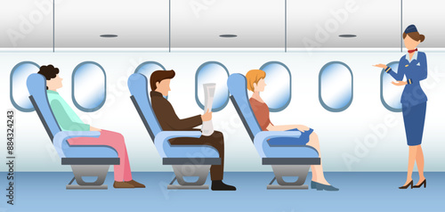 flight attendants give flight safety instructions to airplane passengers, airline safety concept