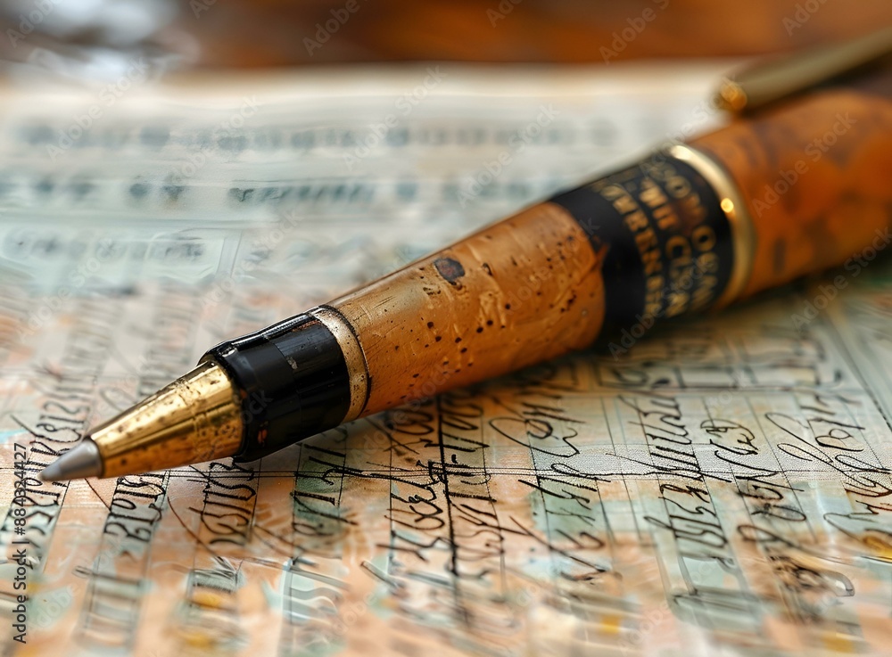 A black pen resting on a white piece of paper. A black pen resting on a white piece of paper.