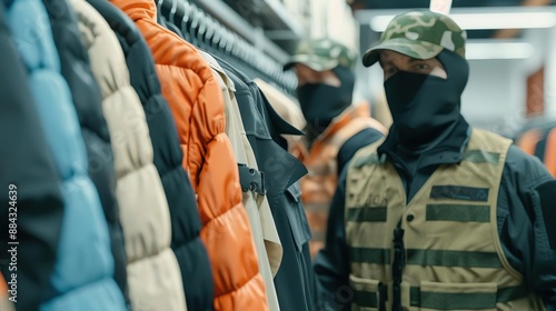 Burglars in a clothing store, stealing designer clothes, organized heist