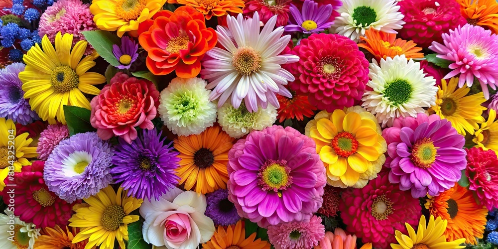 Vibrant background of colorful flowers in full bloom, floral, garden, nature, petals, blooms, spring, summer, botanical, close-up Vibrant background of colorful flowers in full bloom, floral, garden, nature, petals, blooms, spring, summer, botanical, close-up