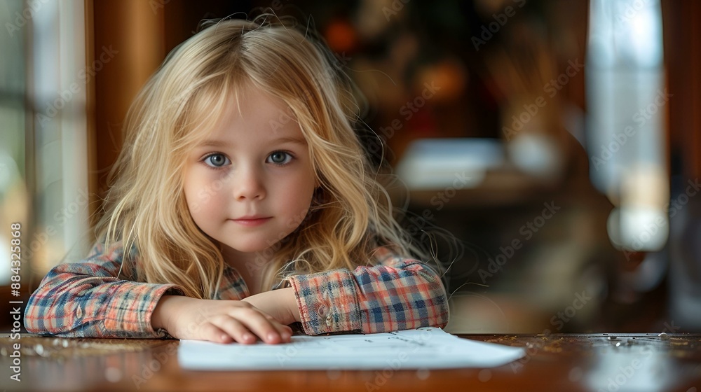 Young girl sitting at table with paper, focused on drawing. Young girl sitting at table with paper, focused on drawing.