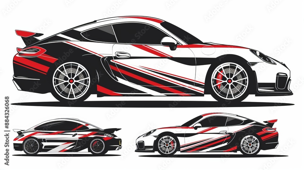 A high-performance sports car featuring a striking design with red, black, and white graphics, embodying a sense of speed, power, and modern aesthetics. A high-performance sports car featuring a striking design with red, black, and white graphics, embodying a sense of speed, power, and modern aesthetics.