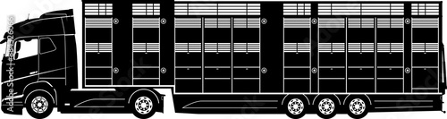 Silhouette of modern livestock and cattle transport truck with trailer. Vector. 