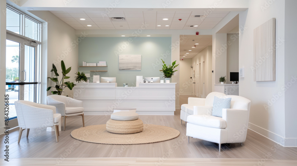 Fototapeta premium Luxury beauty and nail salon reception room with blue ornament interior