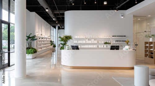 Luxury beauty and nail salon reception room with black ornament interior