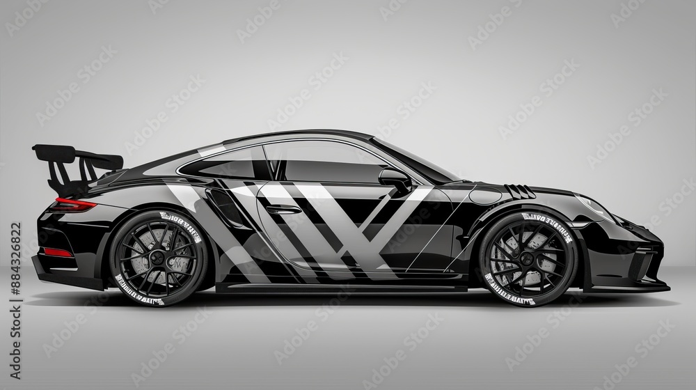 Naklejka premium A futuristic black sports car showcasing a geometric silver pattern on its body, emphasizing advanced automotive design and high-performance in a striking side view.