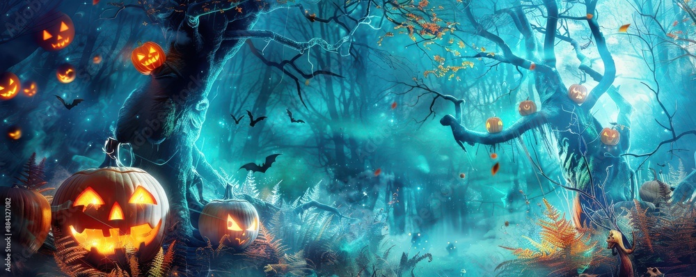 A painting of a forest with a full moon in the background. A painting of a forest with a full moon in the background.