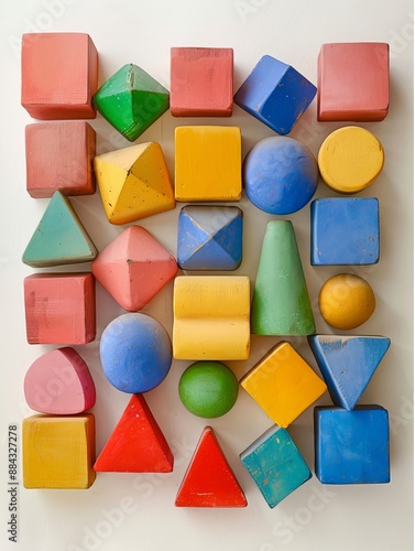 A collection of colorful wooden shapes displayed in an orderly manner, including spheres, cubes, and triangles, depicting the beauty and variety of geometric forms. photo