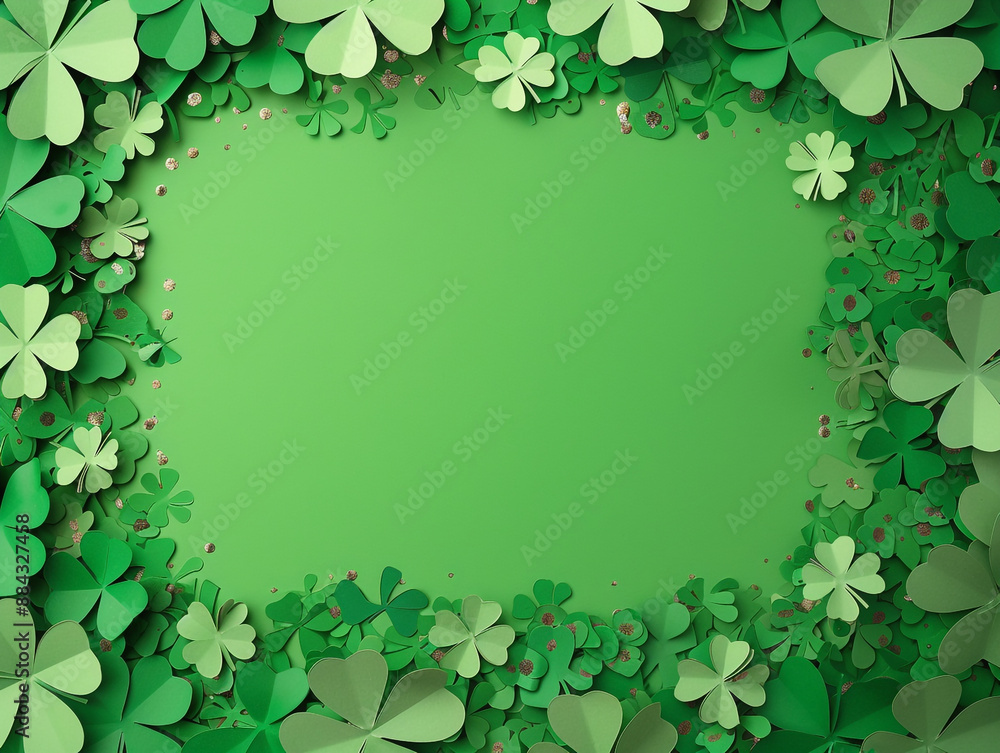 Frame top border made of four leaf clover paper cut and confetti on green background. Saint Patricks Day banner design. Frame top border made of four leaf clover paper cut and confetti on green background. Saint Patricks Day banner design.