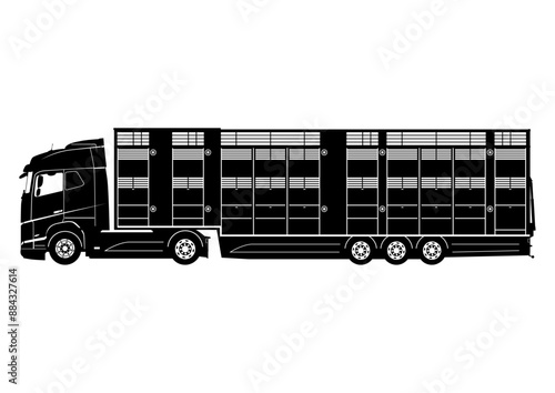 Silhouette of modern livestock and cattle transport truck with trailer. Vector.