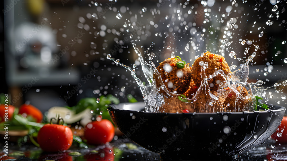 Meatballs splash into a black bowl, surrounded by fresh vegetables and dynamic water droplets, creating a vibrant and appetizing culinary scene filled with motion and energy. Meatballs splash into a black bowl, surrounded by fresh vegetables and dynamic water droplets, creating a vibrant and appetizing culinary scene filled with motion and energy.