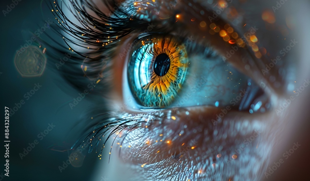 Close-up of a woman's eye with a vibrant blue iris. Close-up of a woman's eye with a vibrant blue iris.