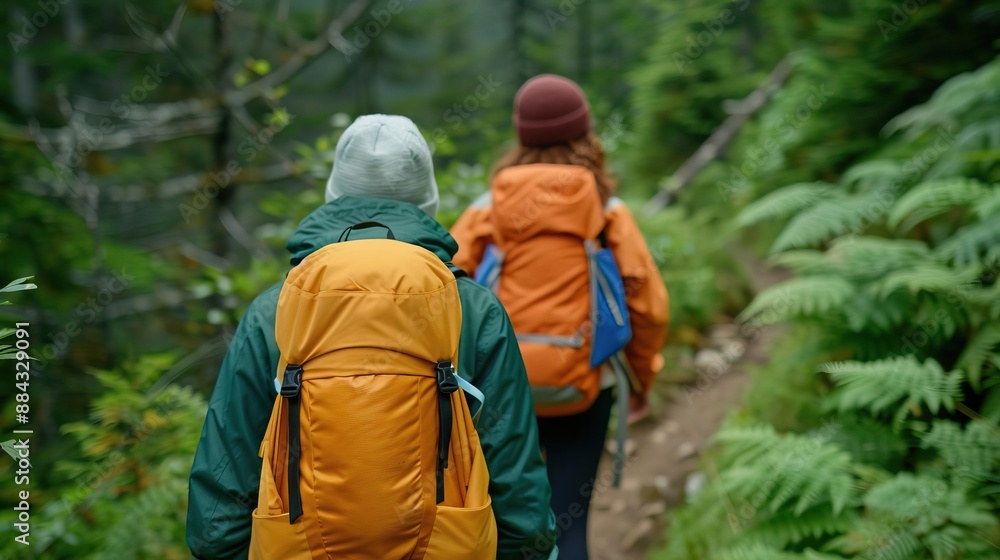 Duo exploring a hidden trail in the woods, excitement evident, trail discovery, exploration Duo exploring a hidden trail in the woods, excitement evident, trail discovery, exploration