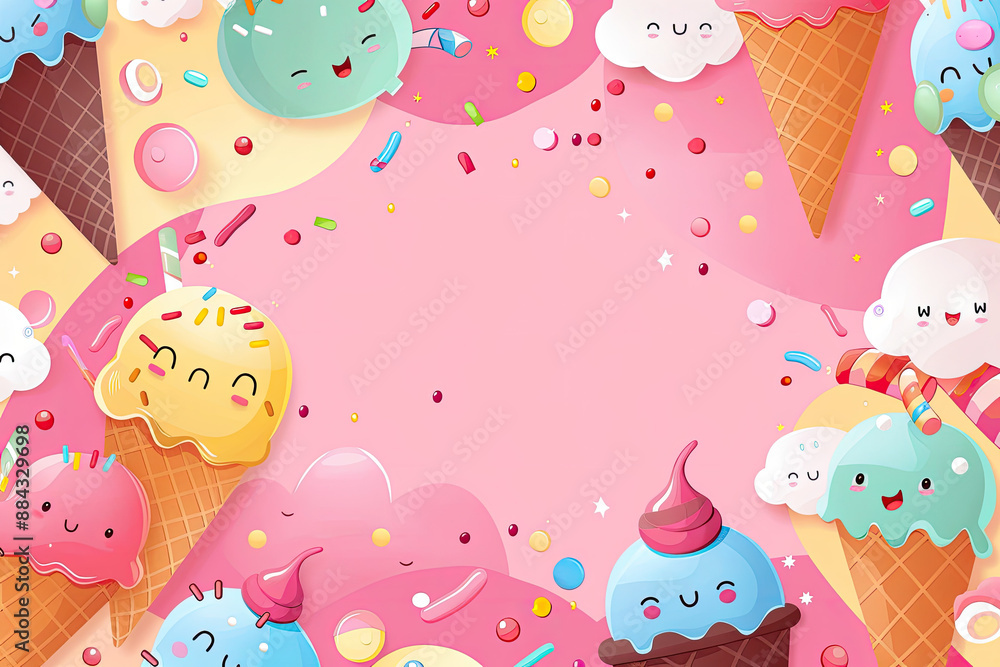 National Ice Cream Day banner with smiling ice cream treats, colorful sprinkles, confetti, and playful clouds. Cute background in soft pink, blue, and yellow for a happy, summery vibe National Ice Cream Day banner with smiling ice cream treats, colorful sprinkles, confetti, and playful clouds. Cute background in soft pink, blue, and yellow for a happy, summery vibe