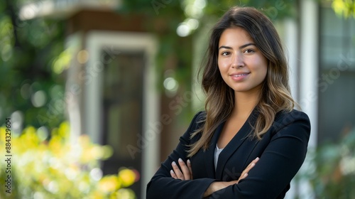 A professional woman in a suit standing confidently outside a house, representing confidence and success. Perfect for business, lifestyle, and professional-themed projects.