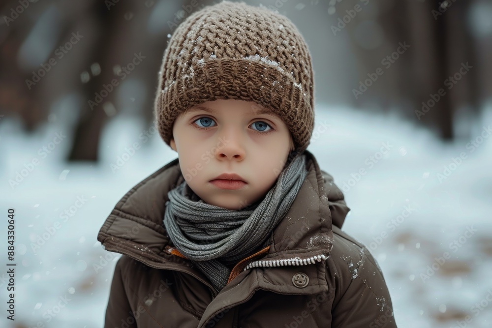 Close-up of a child with blue eyes wearing a warm hat and scarf during a snowy day Close-up of a child with blue eyes wearing a warm hat and scarf during a snowy day