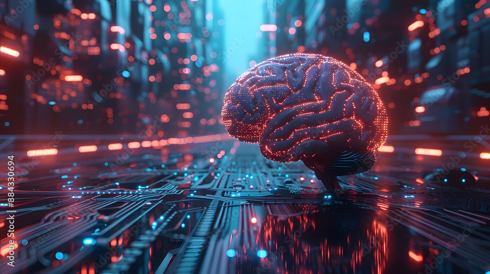 AI brain glows with pink energy and power, and a futuristic artificial ...