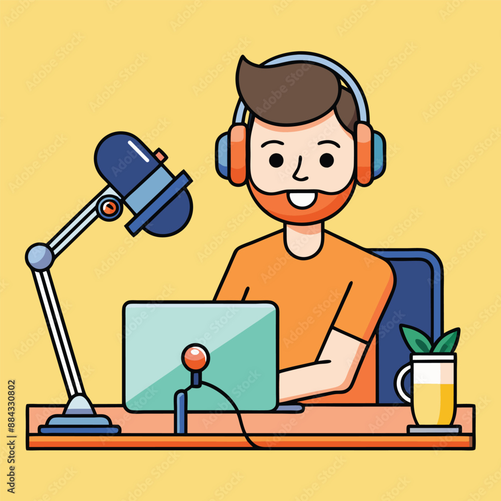 Podcasting Scene. Podcast Recording with Young Man with Microphone Vector Podcasting Scene. Podcast Recording with Young Man with Microphone Vector