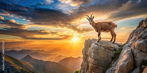 Majestic mountain goat on rocky cliff at sunset, mountain, goat, majestic, rocky, cliff, sunset, beautiful, wildlife, nature