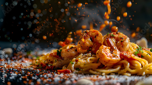 Shrimp pasta topped with a vibrant explosion of spices and sauce, creating a dynamic and flavorful culinary scene filled with motion and appetizing appeal. © Gita