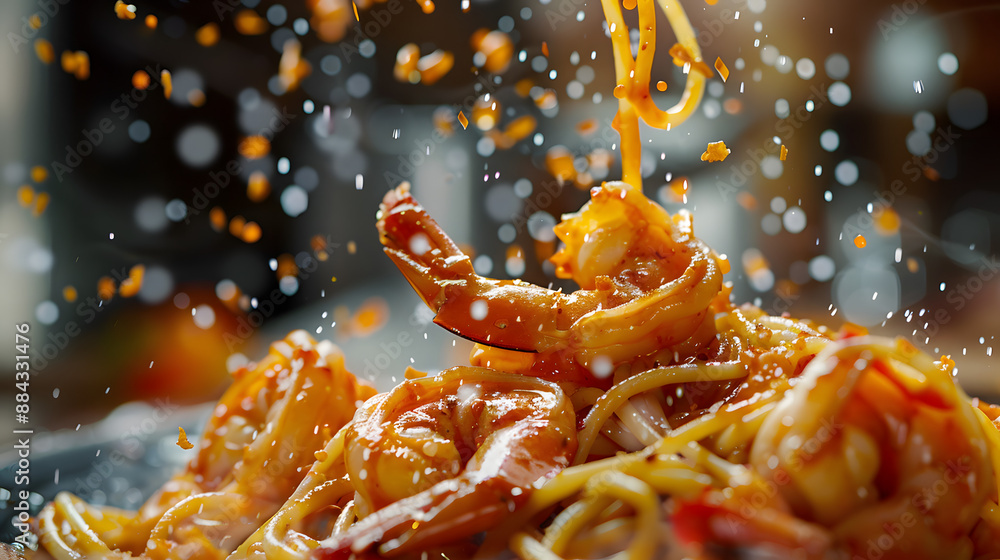 Shrimp pasta is topped with a dynamic drizzle of sauce and surrounded by flying spices, creating a vibrant and appetizing culinary scene filled with motion and flavor Shrimp pasta is topped with a dynamic drizzle of sauce and surrounded by flying spices, creating a vibrant and appetizing culinary scene filled with motion and flavor