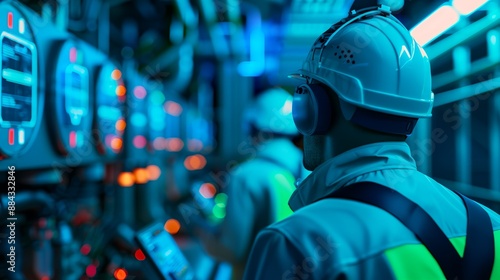 Engineers monitoring hydrocarbon synthesis process in advanced facility