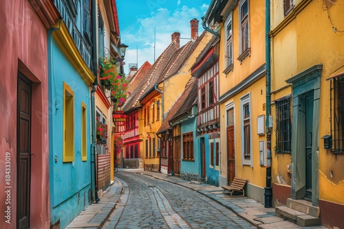 Charming Historic Town Street with Colorful Buildings - Perfect for Travel Brochures and Posters