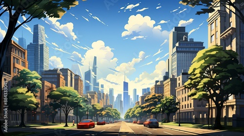 A bustling financial district with towering office buildings and bustling streets filled with business professionals, symbolizing the economic hub of the city. Painting Illustration style, Minimal