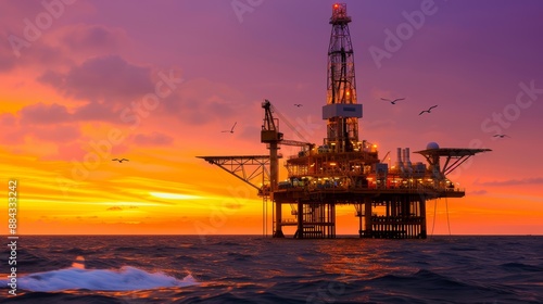 Offshore oil platform at sunset