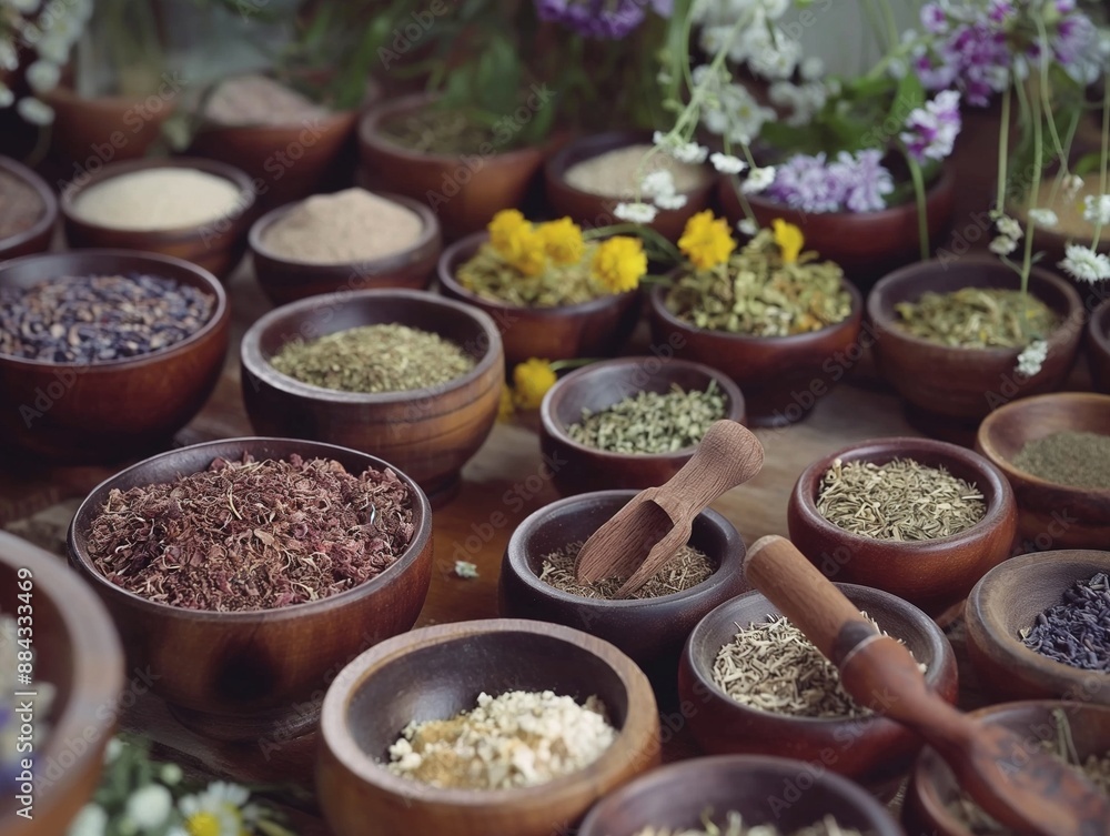 Herbal and floral plants in bowls for grinding. Organic natural folk medicine from flower, leaves Herbal and floral plants in bowls for grinding. Organic natural folk medicine from flower, leaves